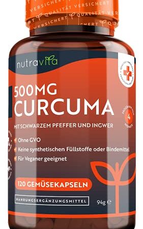 500mg Curcuma Extrakt Kapseln - 120 Kapseln - Mit 95% reinstem Curcumin - Laborgetestet - Mit Pfeffer & Ingwer - Curcuma Kapseln - Hochdosiert - Nutravita Kurkuma