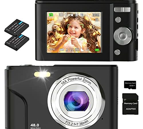Digitalkamera, Bofypoo Fotokamera Autofokus 32G Karte FHD 1080P 48MP mit 16-fachem Digitalzoom, Kompaktkamera Tragbare Minikamera für Jugendliche, Kinder, Studenten, Anfänger (Schwarz)