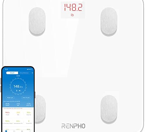 RENPHO Körperfettwaage, Bluetooth Personenwaage mit App, Smart Digitale Waage für Körperfett, BMI, Gewicht, Muskelmasse, Wasser, Protein, BMR, Weiß