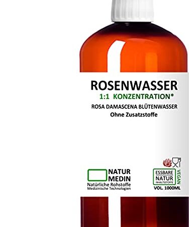 ROSENWASSER 1000-ml Gesichtswasser, 100% naturrein, 1:1 Konzentration, Rosa damascena Blüttenwasser, ohne Zusatzstoffe, PET Braunflasche, nachhaltig