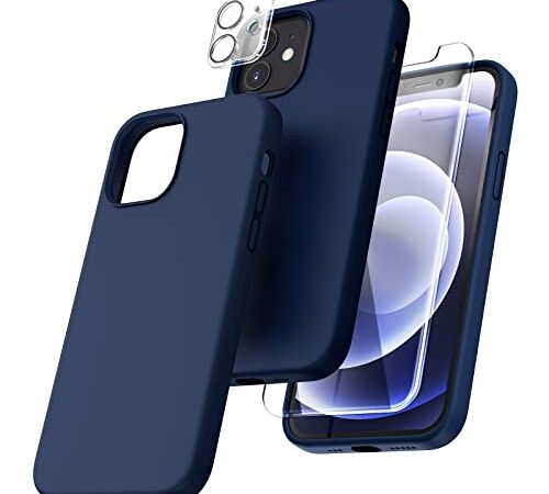 TOCOL 3-in-1 für iPhone 12 Hülle, für iPhone 12 Pro Hülle mit 2 Stück Schutzfolie + 2 Stück Kameraschutz, Silikon Handyhülle für iPhone 12/12 Pro 6,1" [Stoßfest] [Kratzfest], Blau