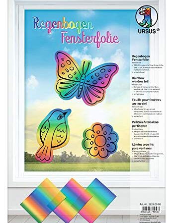 Ursus 22250000 - Regenbogen Fensterfolie, 3 Blatt in 3 Farbkombinationen, ca. 23 x 33 cm, lichtbeständig, abwischbar, wiederverwendbar, haftet ohne Kleber auf allen glatten Flächen