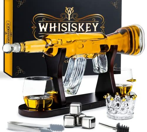 Whisiskey - Whiskey Karaffe - Gewehr - Dekanter - Whisky Karaffe Set - 1000 ml - Geschenke für Männer - Inkl. 2 Whisky Gläser, 4 Whisky-Steine und Tülle