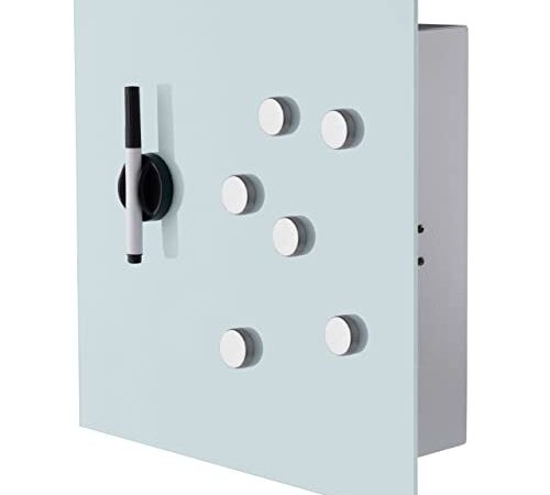 BALOU Schlüsselkasten modern mit Glas Magnettafel - Memoboard magnetisch mit 6 Magneten und Stift - Schlüsselschrank groß mit 20 Haken 33x33x6,8cm milchglas Weiss