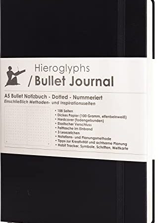 Bullet Journal - Dotted Notizbuch A5 - mit Methode - 189 Nummerierte Seiten, Falttasche, 3 Lesezeichen, Verschlussgummi - 100g/m² Papier - von Hieroglyphs (Schwarz)