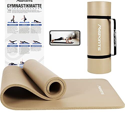 MSPORTS Gymnastikmatte Premium inkl. Tragegurt + Übungsposter + Workout App I Hautfreundliche Fitnessmatte 190 x 60 x 1,5 cm - Beige-Caramel - Phthalatfreie Yogamatte
