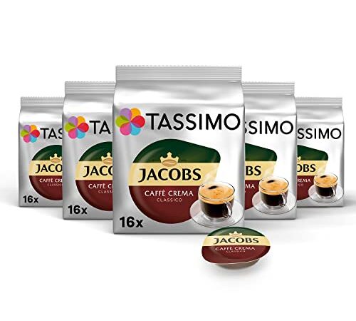 Tassimo Kapseln Jacobs Caffè Crema Classico, 80 Kaffeekapseln, 5er Pack, 5 x 16 Getränke