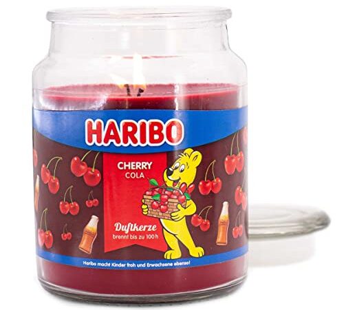 Haribo Duftkerze im Glas mit Deckel | Cherry Cola | Duftkerze Fruchtig | Kerzen lange Brenndauer (100h) | Kerzen Rot | Duftkerze Groß (510g)